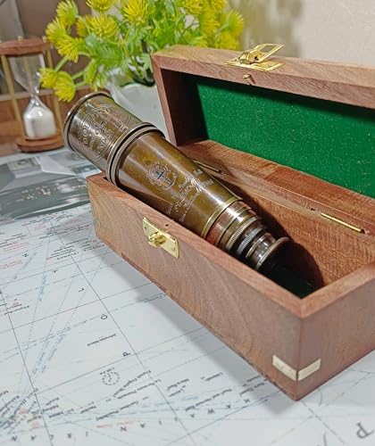Antique Telescope 18 Inch Brass Pirate Spyglass with Wooden Box 1