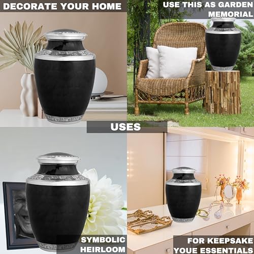 Handcrafted Metal Urn for Ashes - 10 Inch 200 Lbs Capacity Black and Silver