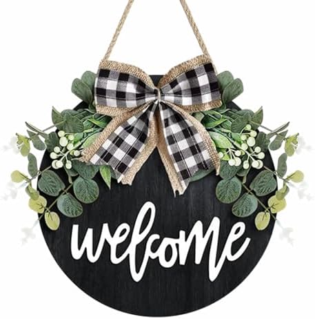 Welcome Door Sign Rustic Round Wood Wreath with Faux Greenery and Bow