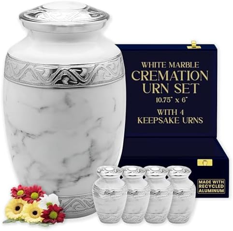 Classic White Marble Cremation Urn Set with 4 Keepsake Urns and Velvet Case