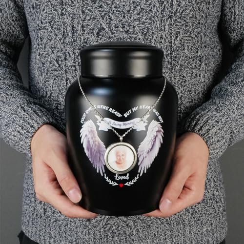 Angel Wings Urn with Photo Necklace 180 lbs Capacity Black Large