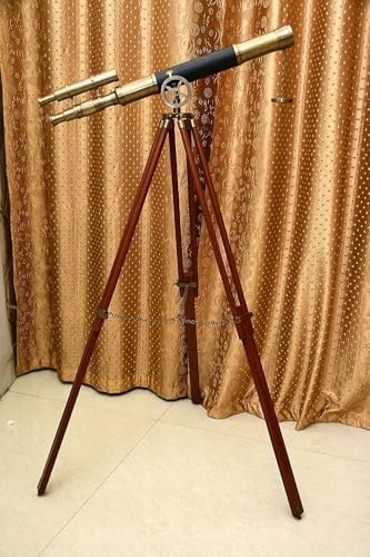 Nautical Handmade Double Barrel Telescope Floor Standing with Wooden Tripod