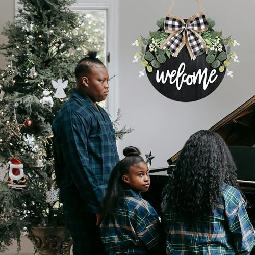 Welcome Door Sign Rustic Round Wood Wreath with Faux Greenery and Bow