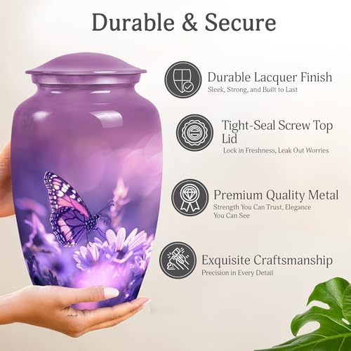 Purple Butterfly Urn for Human Ashes - 10 Inch Cremation Urn