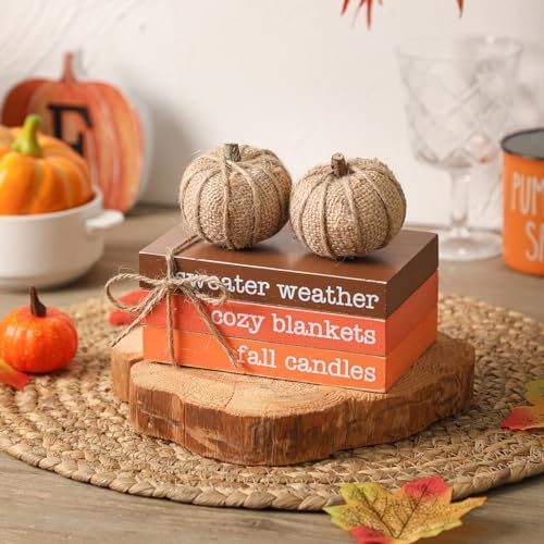 Fall Wood Book Stack with Maple Leaves and Pumpkins