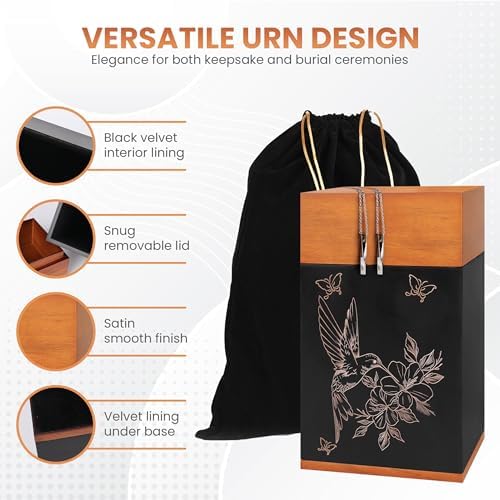 Black Walnut Hummingbird Urn for Cremation Ash Elegant Wooden Memorial Urn with Keepsake Necklaces and Velvet Bag