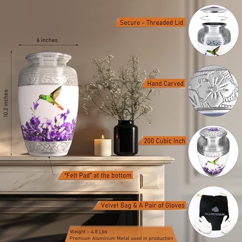 Purple Flower Hummingbird Cremation Urn for Human Ashes
