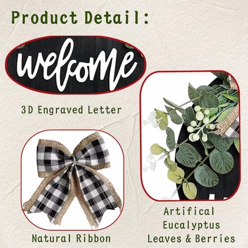 Welcome Door Sign Rustic Round Wood Wreath with Faux Greenery and Bow