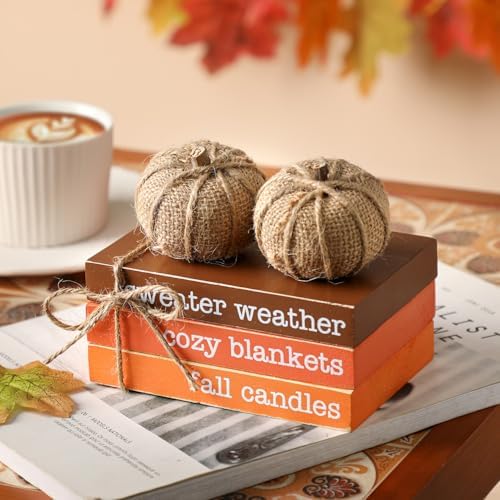 Fall Wood Book Stack with Maple Leaves and Pumpkins