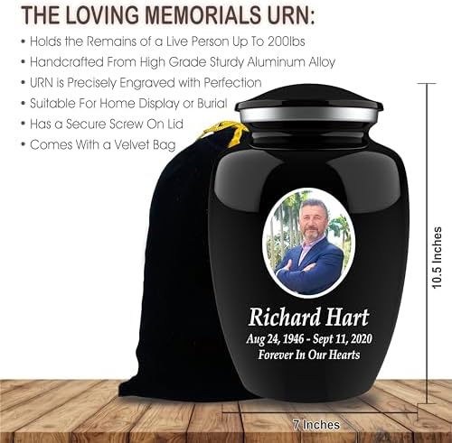 Personalized Photo Cremation Urn with Engraving - 200lbs Capacity Black Velvet Bag