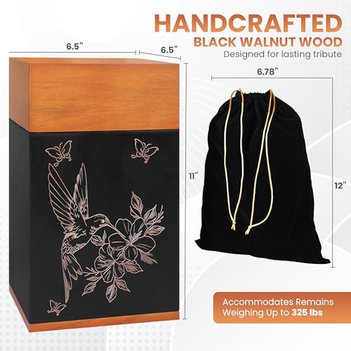 Black Walnut Hummingbird Urn for Cremation Ash Elegant Wooden Memorial Urn with Keepsake Necklaces and Velvet Bag