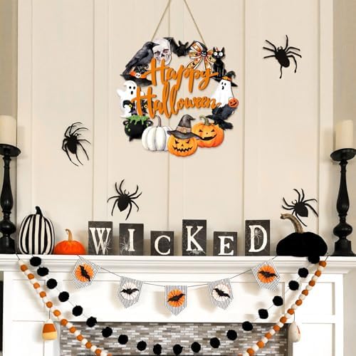 Spooky Halloween Wood Wreath Decor with Ghost and Skull
