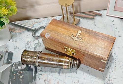 Antique Telescope 18 Inch Brass Pirate Spyglass with Wooden Box 1