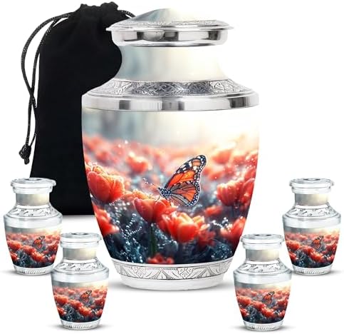 Monarch Butterfly Tulips Keepsake Urns Set - 5 Piece Funeral Urn Kit