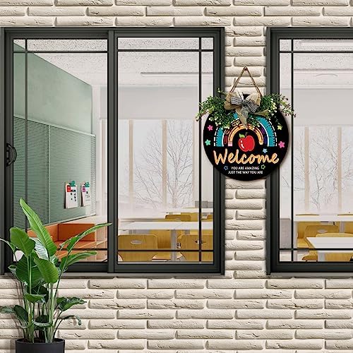 Wooden Classroom Door Sign with Rainbow and Inspiring Quote