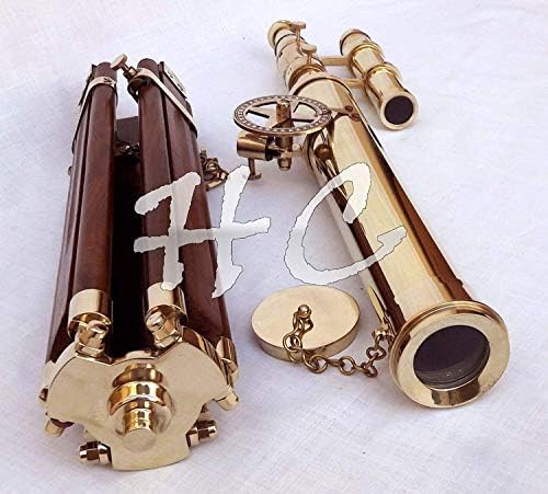 Marine Nautical Navy Brass Double Barrel Telescope with Wooden Tripod Stand