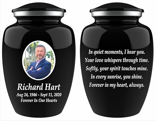 Personalized Photo Cremation Urn with Engraving - 200lbs Capacity Black Velvet Bag