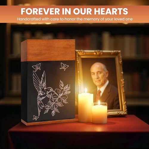 Black Walnut Hummingbird Urn for Cremation Ash Elegant Wooden Memorial Urn with Keepsake Necklaces and Velvet Bag