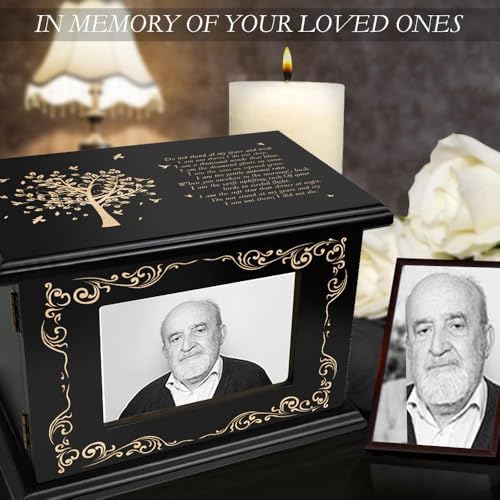 Cremation Urn for Human Ashes with Photo Frame - Wooden Urn Black Tree