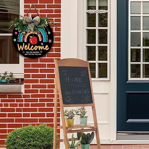 Wooden Classroom Door Sign with Rainbow and Inspiring Quote