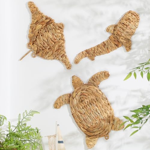 3 Pcs Boho Beach Theme Wall Decor Handmade Wicker Sea Turtle Stingray Shark Decor