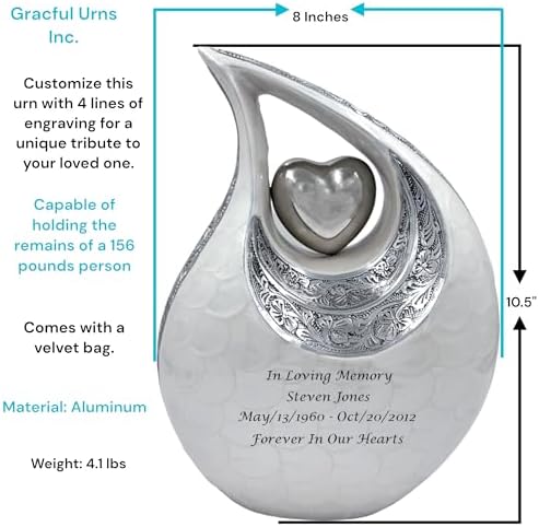 White Teardrop Cremation Urn with Silver Heart and Velvet Bag
