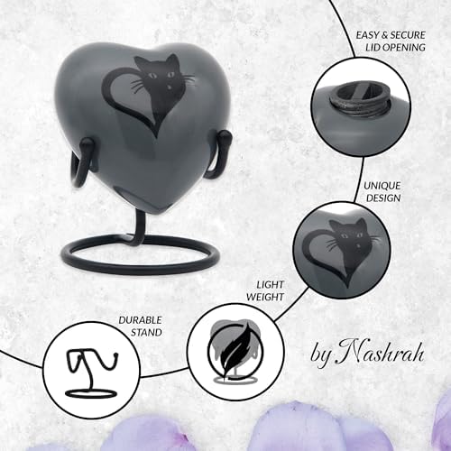 Black Cat Heart Urn for Pet Ashes with Stand