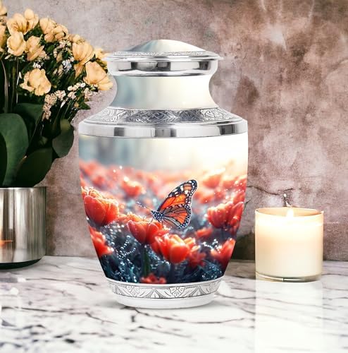 Monarch Butterfly Tulips Keepsake Urns Set - 5 Piece Funeral Urn Kit