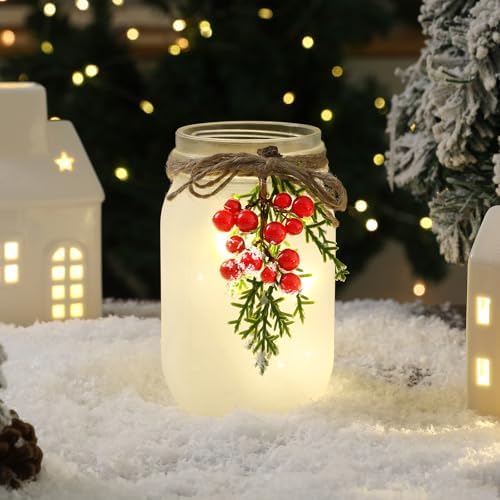 Farmhouse Christmas Decor - Winter Mason Jar with Light