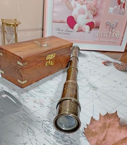 Antique Telescope 18 Inch Brass Pirate Spyglass with Wooden Box 1