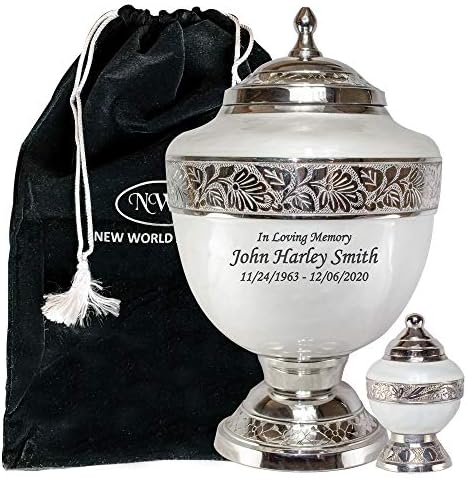 White Adult Cremation Urn with Personalized Keepsake