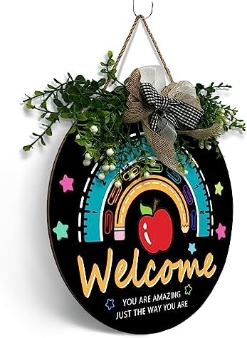 Wooden Classroom Door Sign with Rainbow and Inspiring Quote