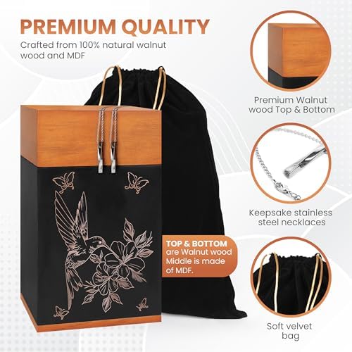 Black Walnut Hummingbird Urn for Cremation Ash Elegant Wooden Memorial Urn with Keepsake Necklaces and Velvet Bag