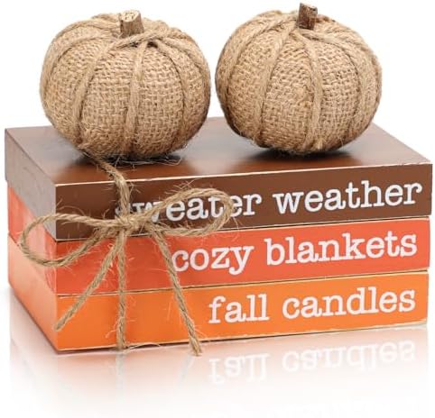 Fall Wood Book Stack with Maple Leaves and Pumpkins