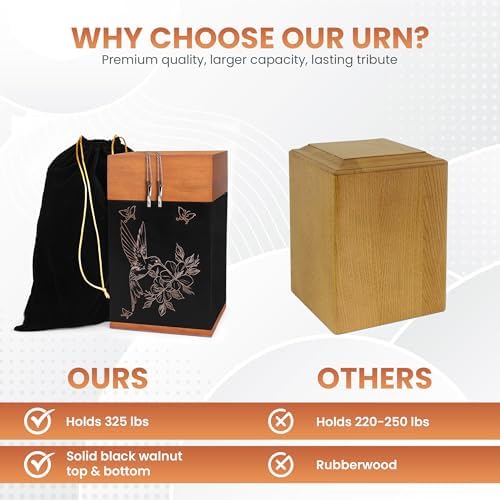 Black Walnut Hummingbird Urn for Cremation Ash Elegant Wooden Memorial Urn with Keepsake Necklaces and Velvet Bag