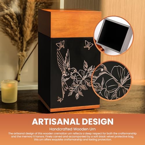 Black Walnut Hummingbird Urn for Cremation Ash Elegant Wooden Memorial Urn with Keepsake Necklaces and Velvet Bag