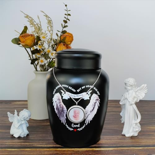 Angel Wings Urn with Photo Necklace 180 lbs Capacity Black Large