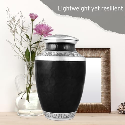 Handcrafted Metal Urn for Ashes - 10 Inch 200 Lbs Capacity Black and Silver