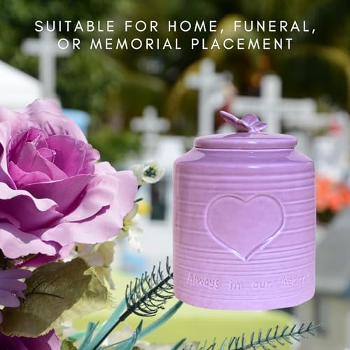 Small Purple Urn for Human Ashes - Heart and Butterfly Design