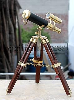 Nautical Telescope Double Barrel Leather Tripod Spyglass Decor Item