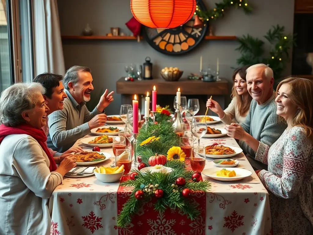 A happy family enjoying a PRIMEGOURMET meal at a party, with a focus on the delicious food and the joyful atmosphere, highlighting the convenience and quality of PRIMEGOURMET's family party catering.